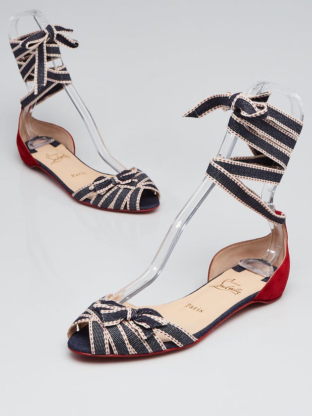 Christian Louboutin Blue/Red Canvas and Suede Christeriva Ankle Wrap Flat Sandals Size 6.5/37