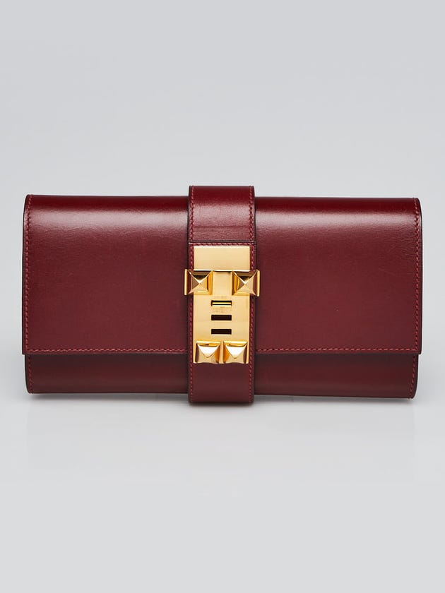 Hermes 23cm Bordeaux Box Leather Gold Plated Medor Clutch Bag