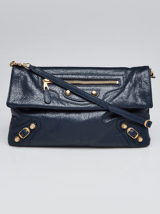 Balenciaga Bleu Obscur Lambskin Leather Giant 12 Silver Envelope Clutch Crossbody w/ Strap Bag