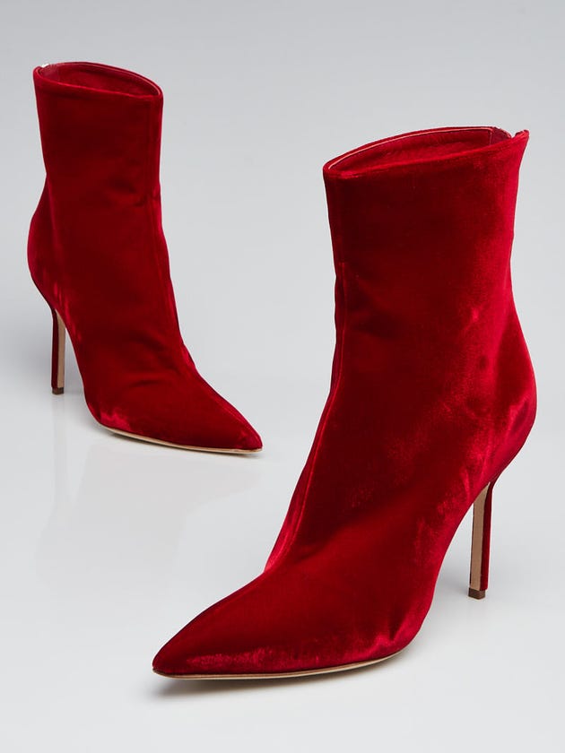 Manolo Blahnik Red Velvet Pointed-Toe Ankle Boots Size 6/36.5