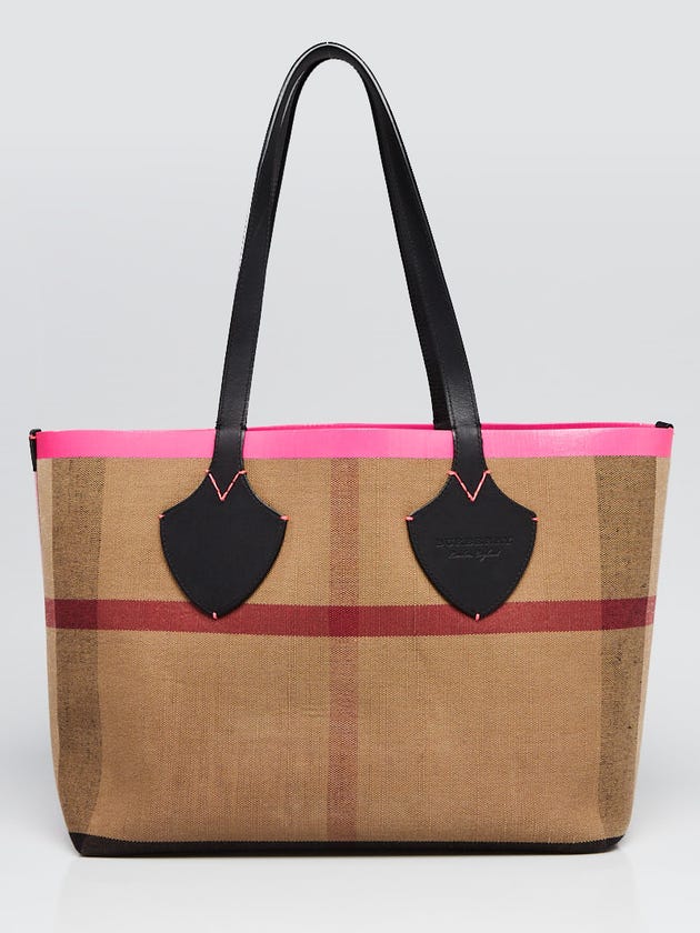 Burberry House Check Canvas Black/Pink Leather Reversible Medium Tote Bag