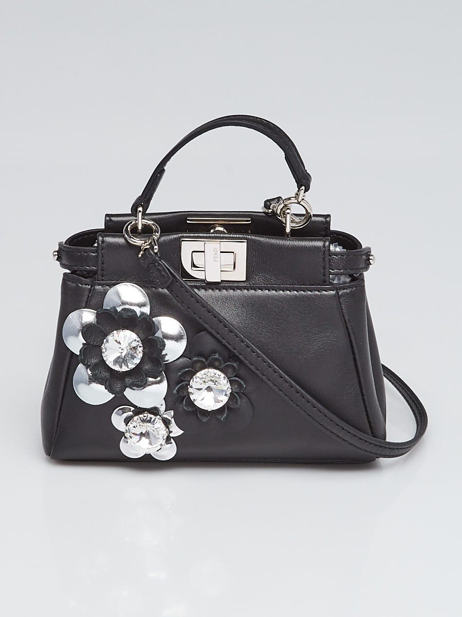 Fendi Black Lambskin Leather Flower Studded Micro Peekaboo Bag