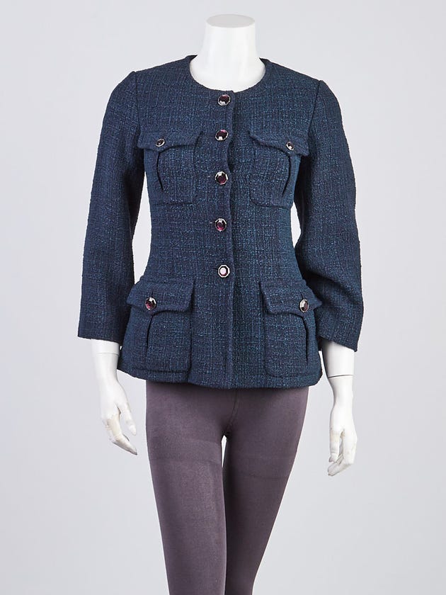 Chanel Marine/Vert Cotton/Rayon Tweed Jacket Size 4/36