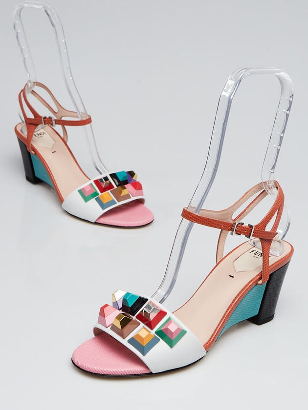 Fendi Multicolor Leather Plexiglas Studded Open Toe Heels Size 7/37.5