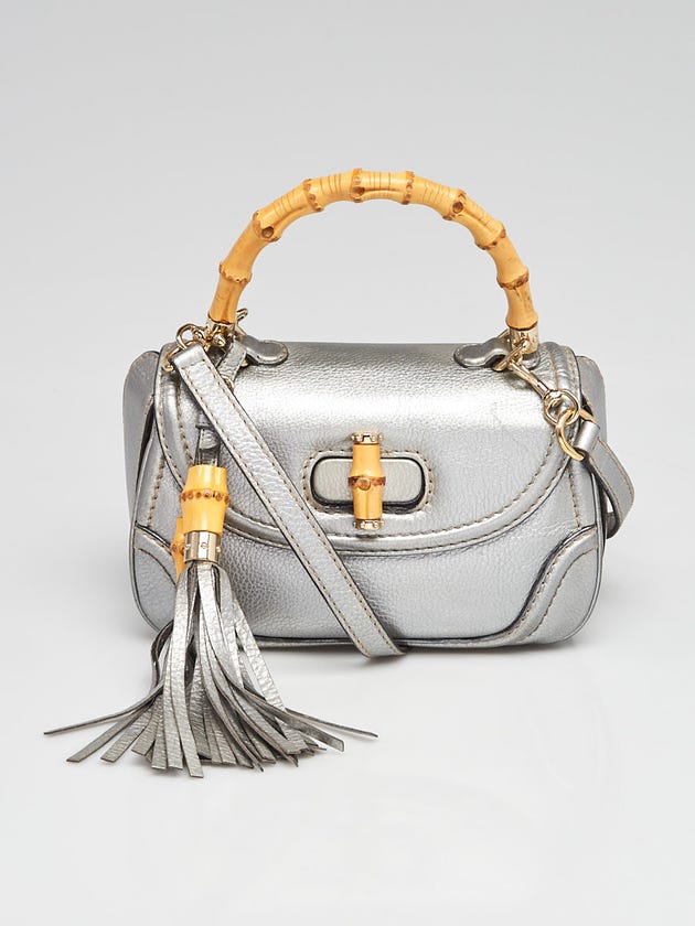 Gucci Silver Leather Bamboo Small Top Handle Bag