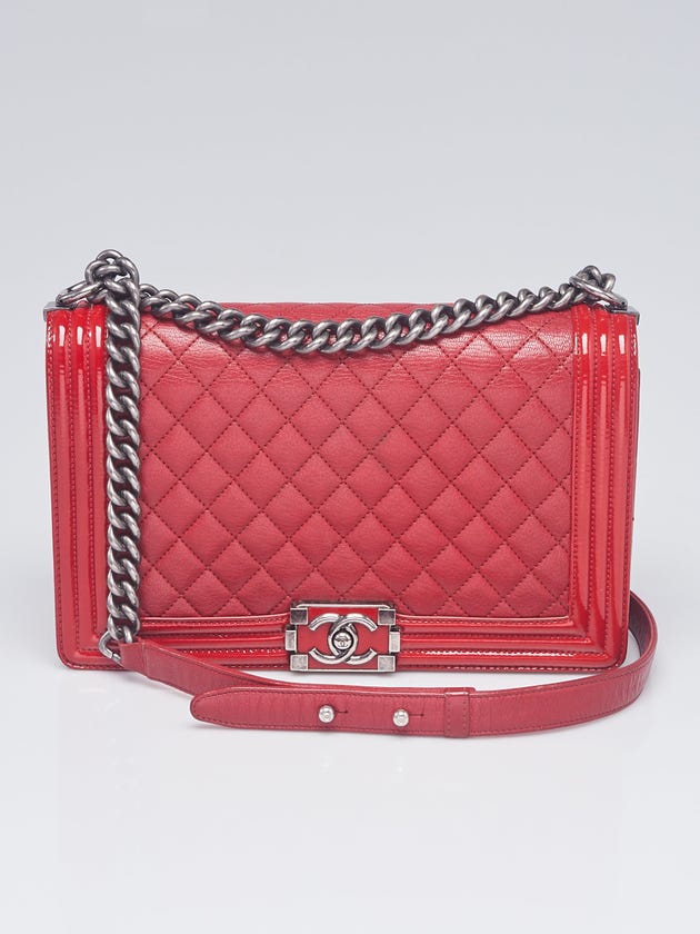 Chanel Red Goatskin Leather and Patent Leather Trim New Medium Boy Bag
