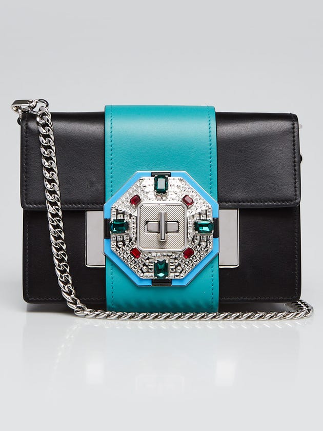 Prada Black/Teal Leather Jewels Ribbon Bag 1BD067