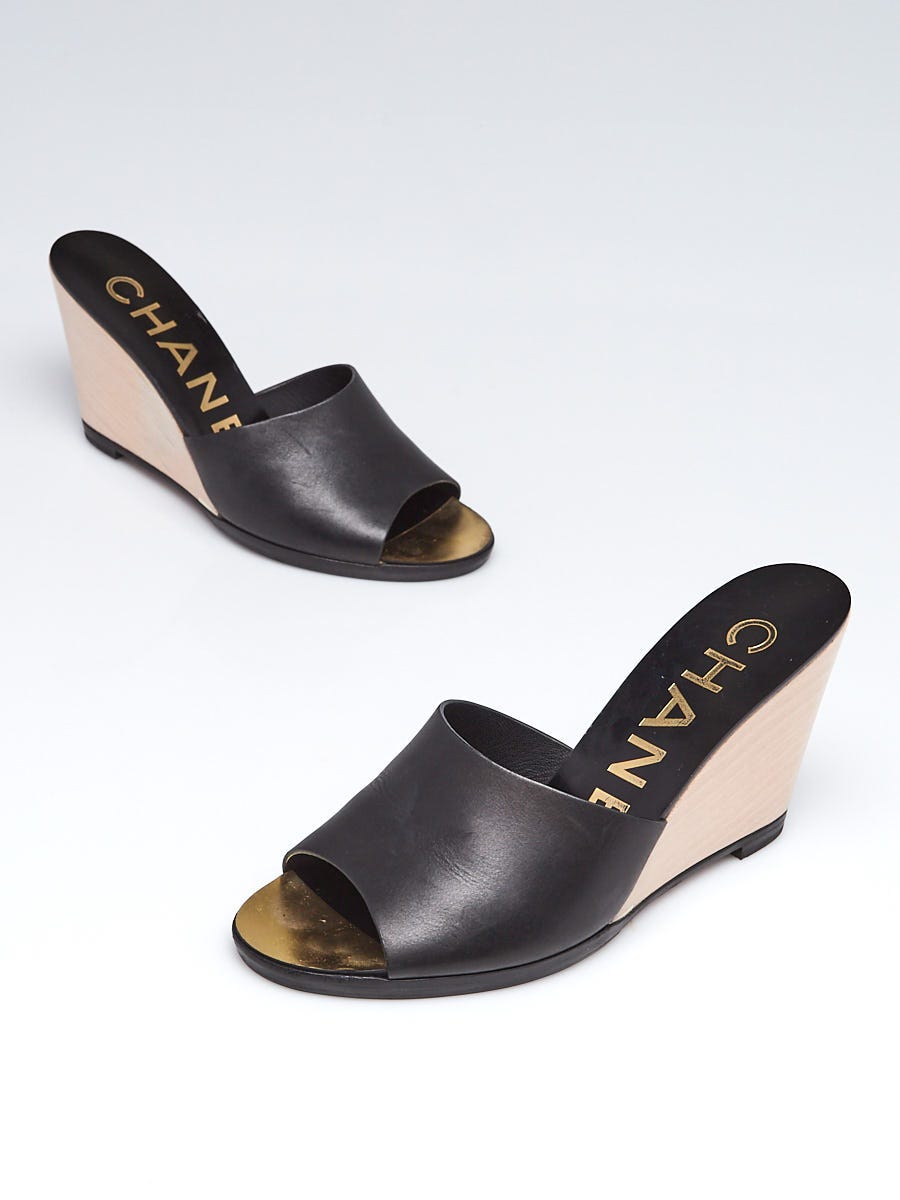 Chanel Black Leather and Wood Open Toe Wedge Size 7.5/38 | Yoogi's