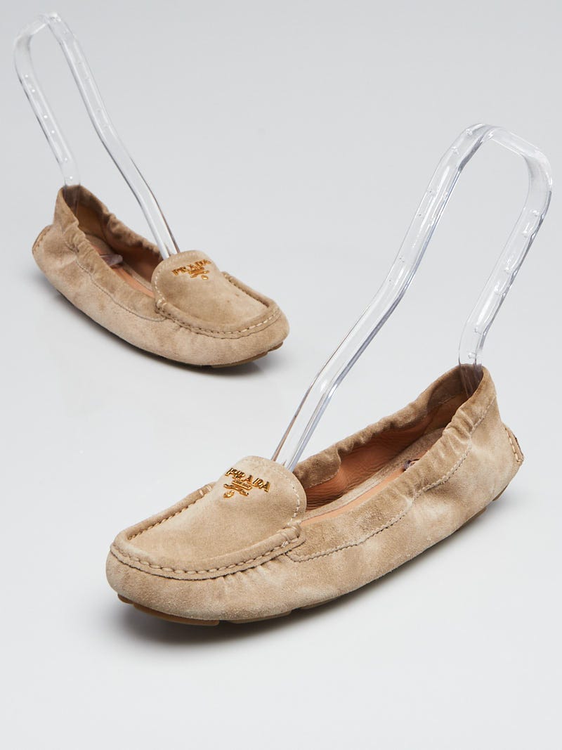 Prada Beige Suede Scrunch Loafers Size 7/37.5 | Yoogi's Closet