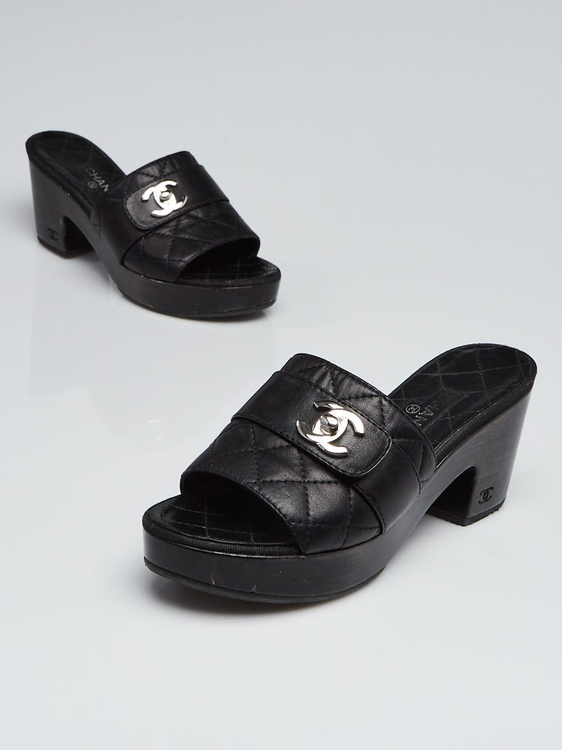 Chanel Black Quilted Leather CC Platform Slide Sandals Size 6.5/37
