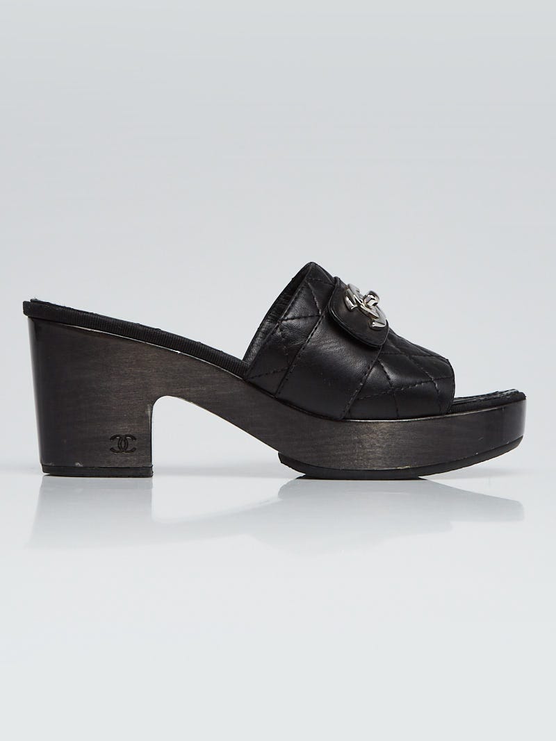 Chanel Black Quilted Leather CC Platform Slide Sandals Size