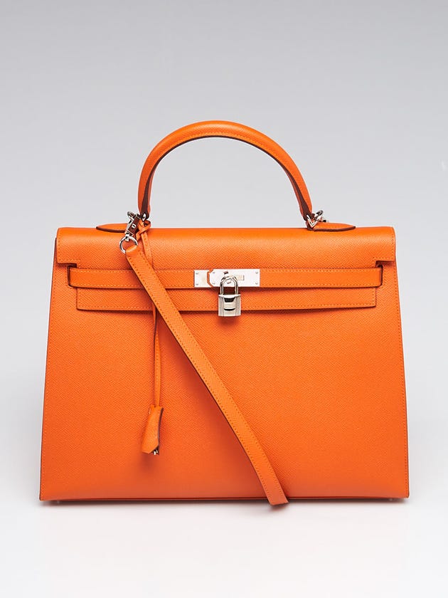 Hermes 35cm Orange Epsom Leather Palladium Plated Kelly Sellier Bag