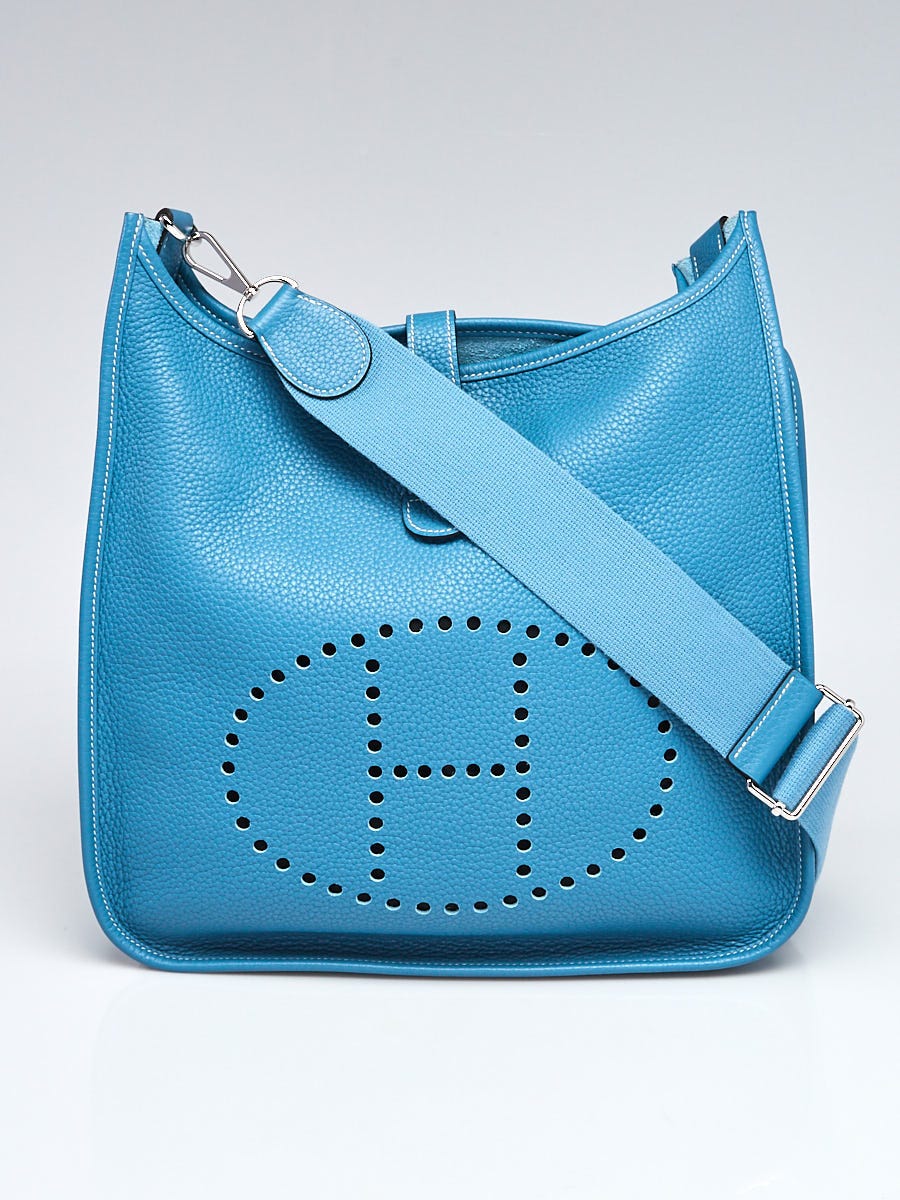 Authentic! Hermes Evelyne Blue Jean Clemence Leather GM Handbag