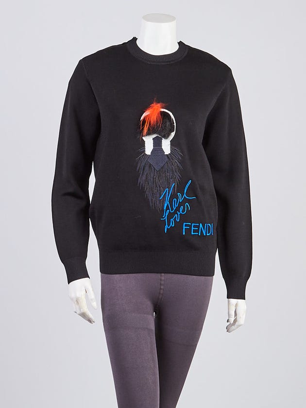 Fendi Black Rayon Knit Fur Embellished Karlito Sweater Size S
