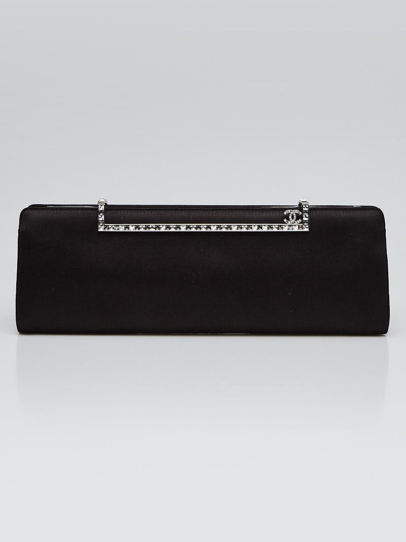 Chanel Black Satin and Crystal Diamante Bar Clutch Bag - Yoogi's Closet