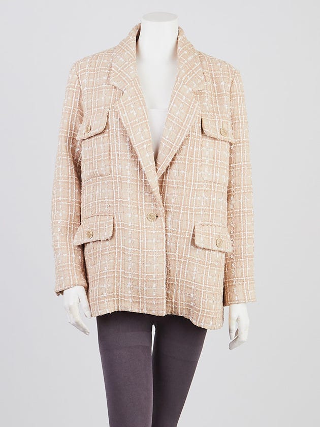 Chanel Beige/White Checked Tweed Oversized Jacket Size 6/38