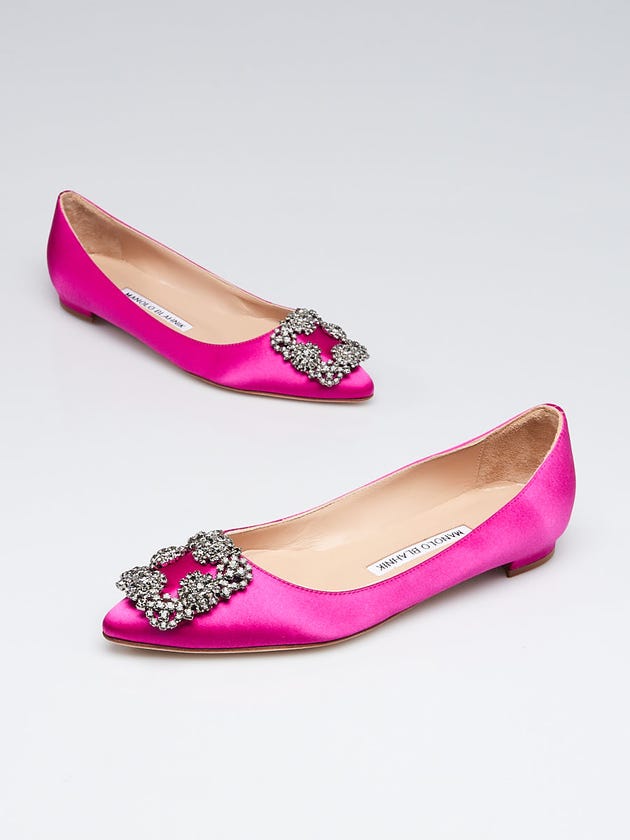 Manolo Blahnik Pink Satin and Crystal Hangisi Ballet Flats Size 4.5/35