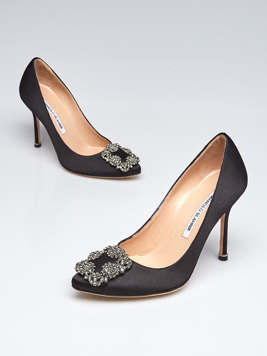 Manolo Blahnik Black Satin and Crystal Buckle Hangisi 105 Pumps