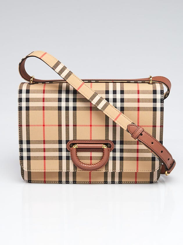 Burberry Brown Leather Vintage Check Canvas Medium D-Ring Crossbody Bag