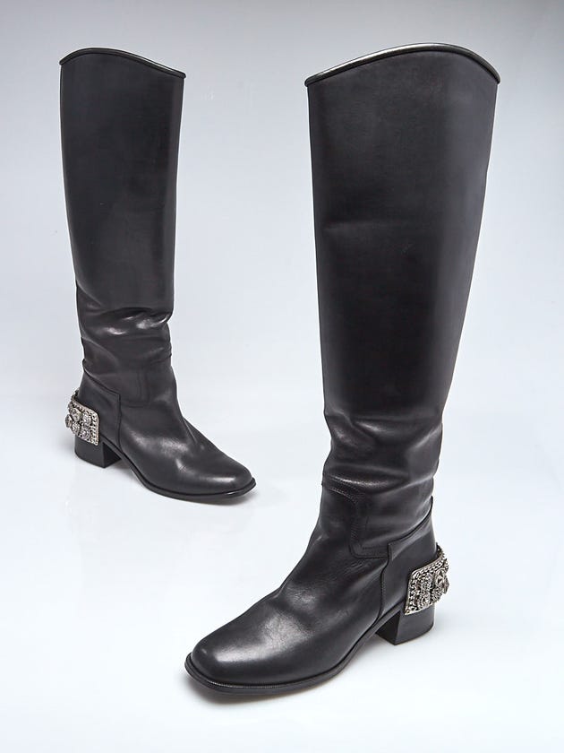 Chanel Black Calfskin Leather Paris-Monte Carlo Embellished Knee-High Boots Size 9.5/40