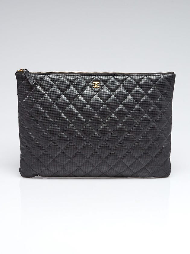 Chanel Black Quilted Glazed Caviar Leather O-Case Classic Zip Large Pouch