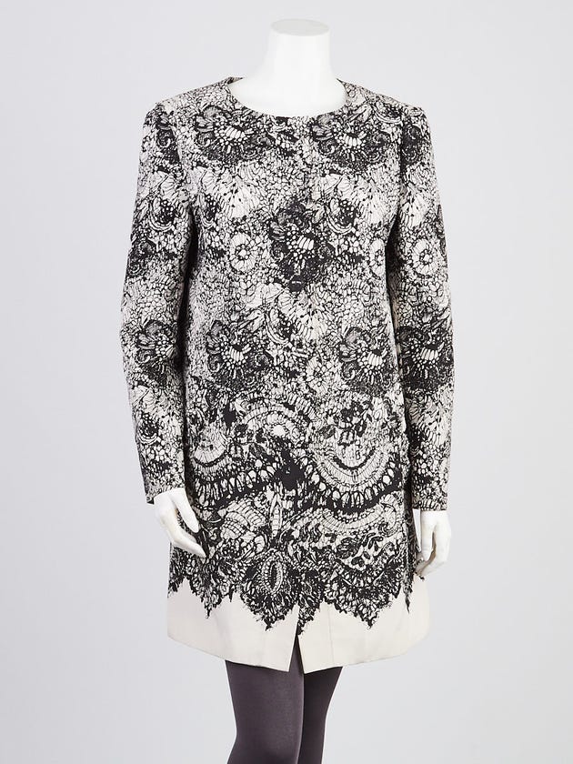 Prada Black/Beige Lace Print Silk Collarless Jacket Size 10/44