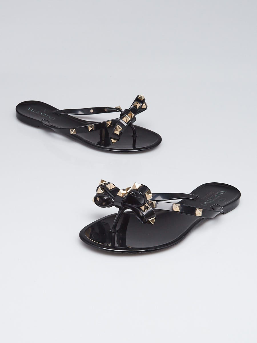 Valentino Black PVC Bow Rockstud Thong Sandals Size 4.5/35