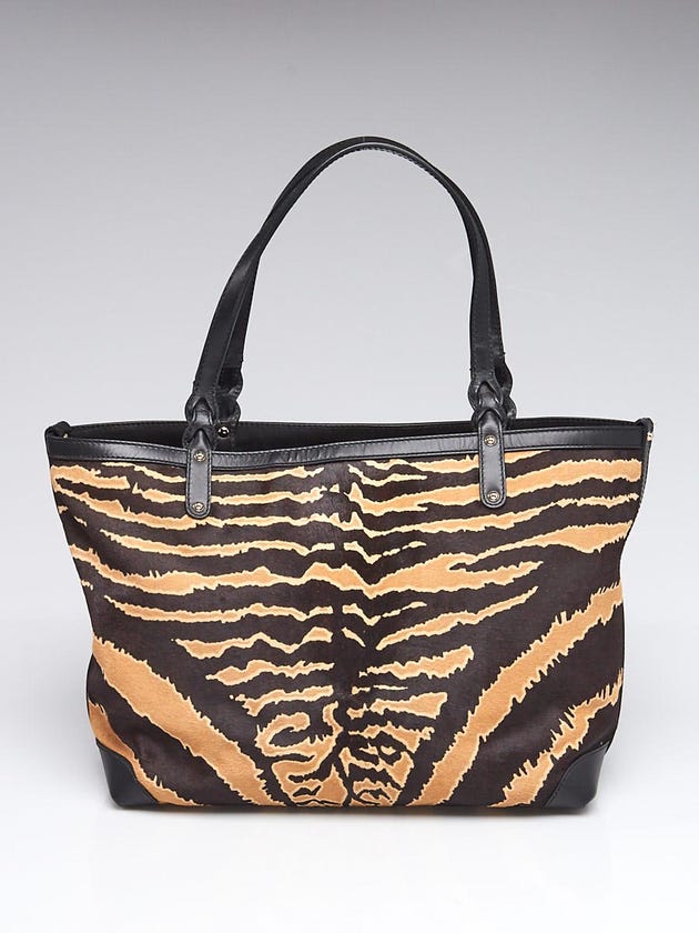 Gucci Black/Brown Tiger Stripe Pony Hair and Leather Craft Tote Bag