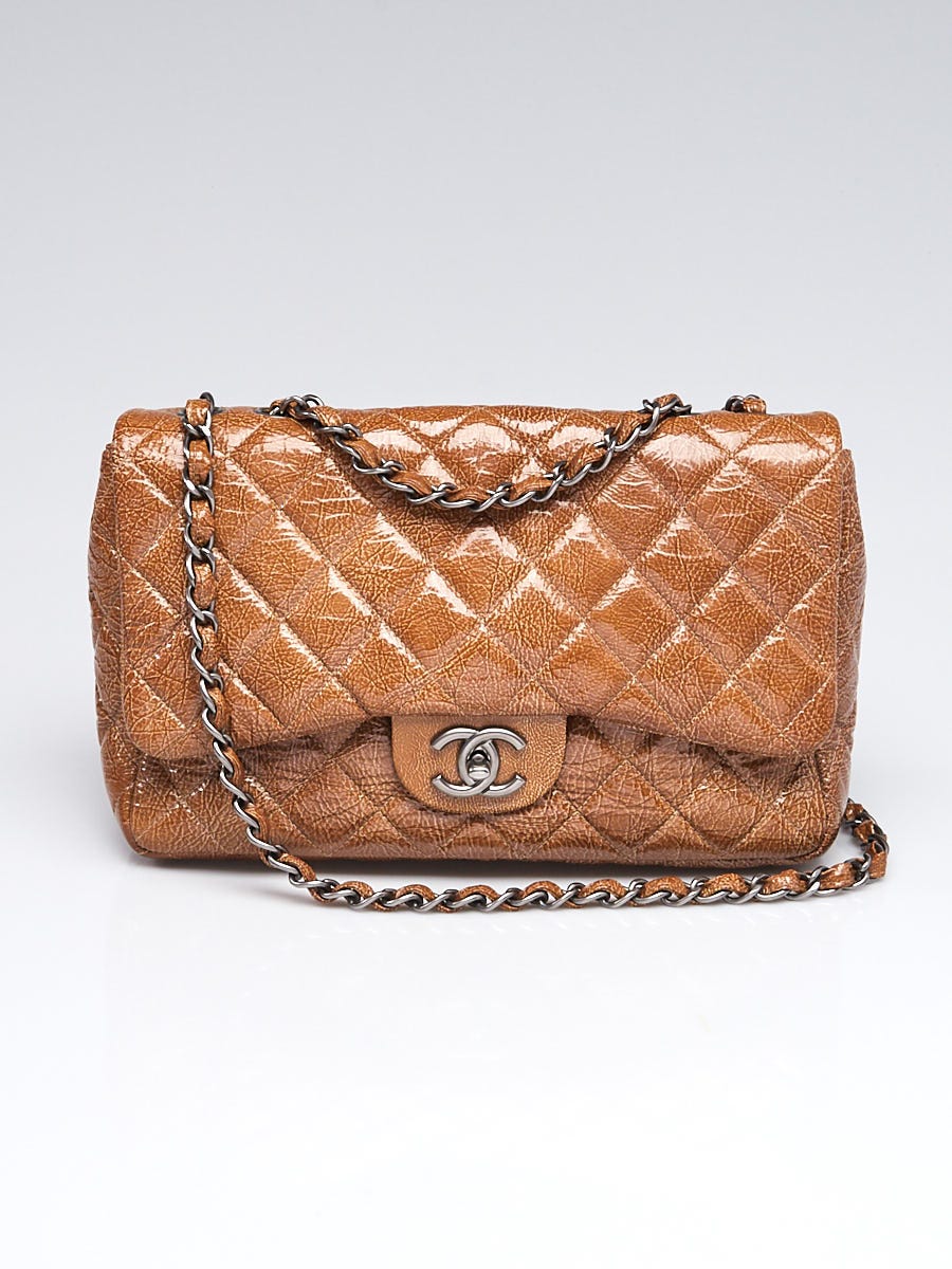 Chanel Beige Quilted Crinkled Patent Leather Classic Jumbo Single Flap Bag  - Yoogi's Closet