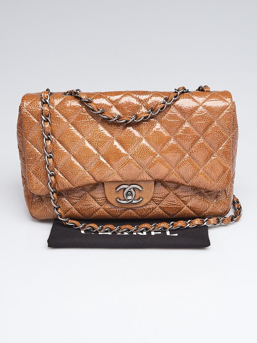 Chanel Beige Quilted Crinkled Patent Leather Classic Jumbo Single