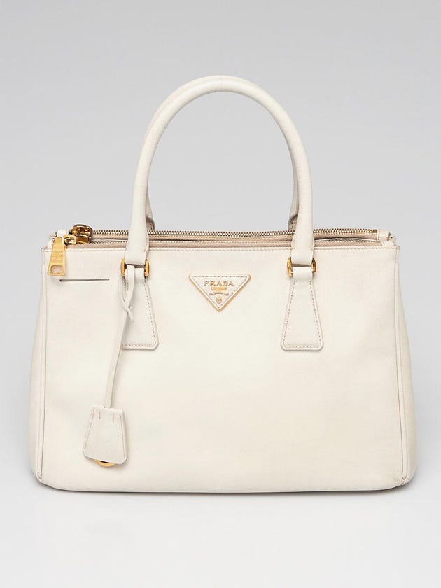 Prada White Saffiano Lux Leather Small Zip Tote Bag 1BA863