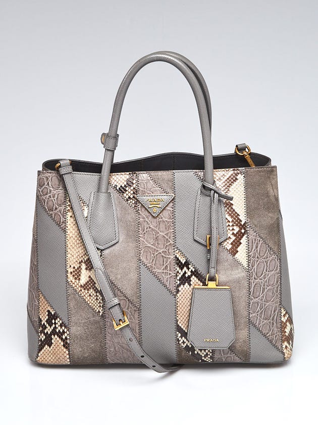 Prada Grey Leather, Python Croc Patchwork Double Handle Tote Bag ...