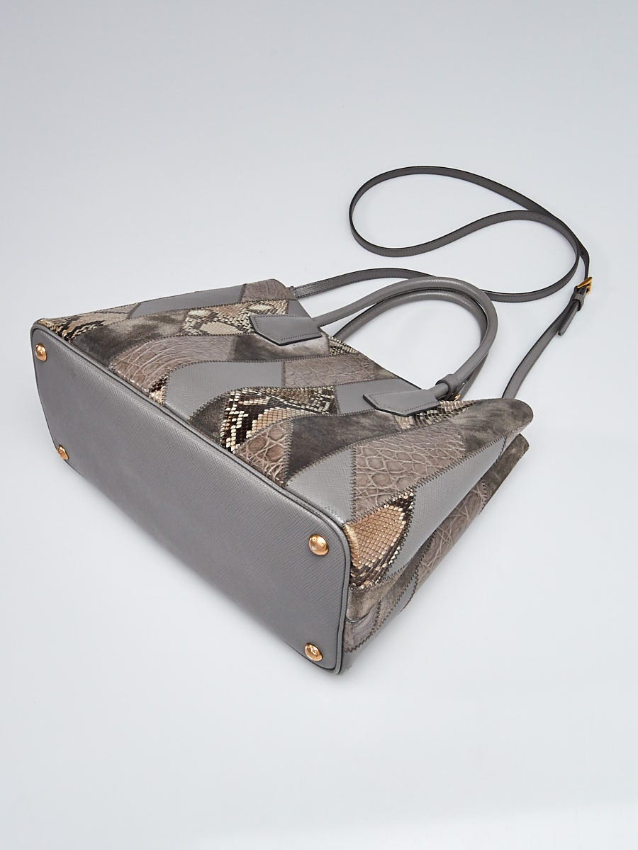 Prada Grey Leather, Python Croc Patchwork Double Handle Tote Prada Grey Leather, Python Croc Patchwork Double Handle Tote