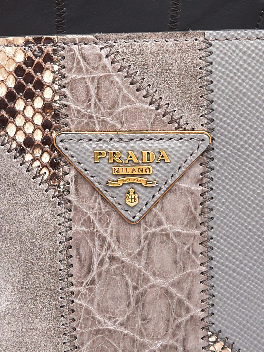 Prada Grey Leather, Python Croc Patchwork Double Handle Tote Bag