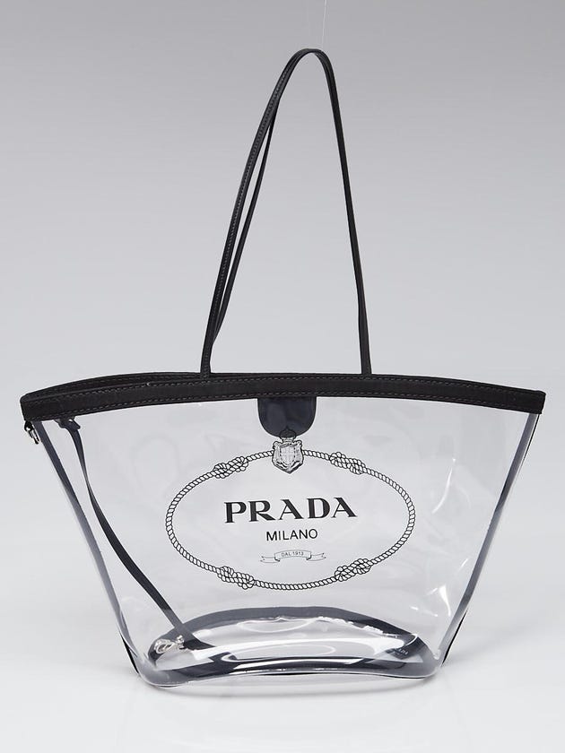 Prada Transparent Vinyl and Black Canvas Logo Beach Large Tote Bag 1BG166