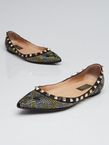 Valentino Black Leather Camo Crystal Rockstud Flats Size 7/37.5