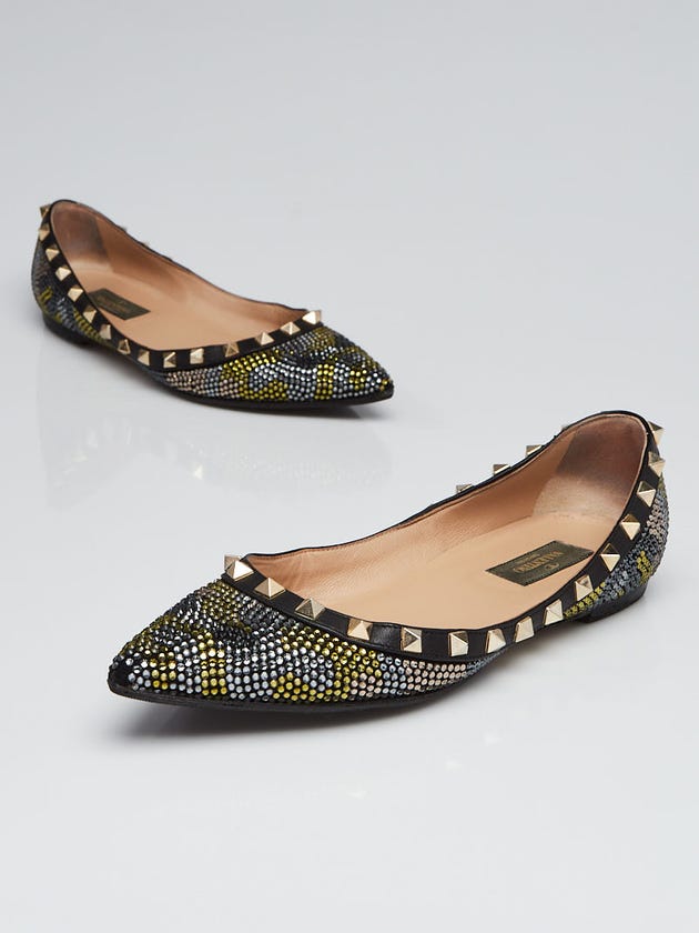 Valentino Black Leather Camo Crystal Rockstud Flats Size 7/37.5
