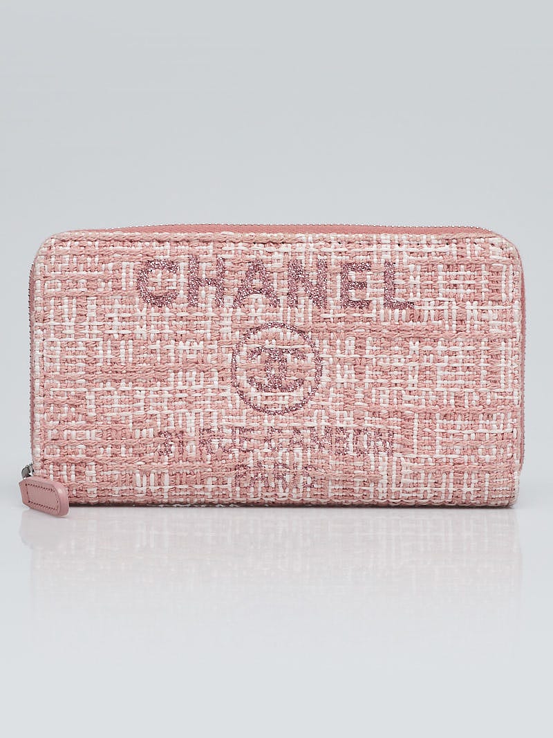 Chanel Pink Tweed Deauville Zip Compact Wallet | Yoogi's Closet