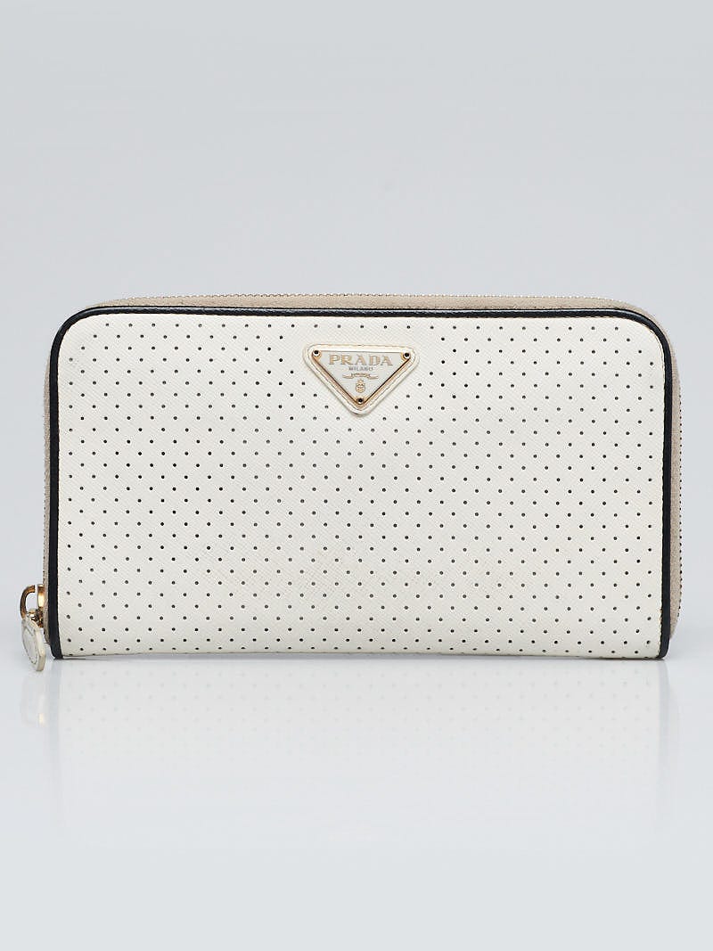 Prada White Perforated Saffiano Metal Leather Zip Wallet 1M0506