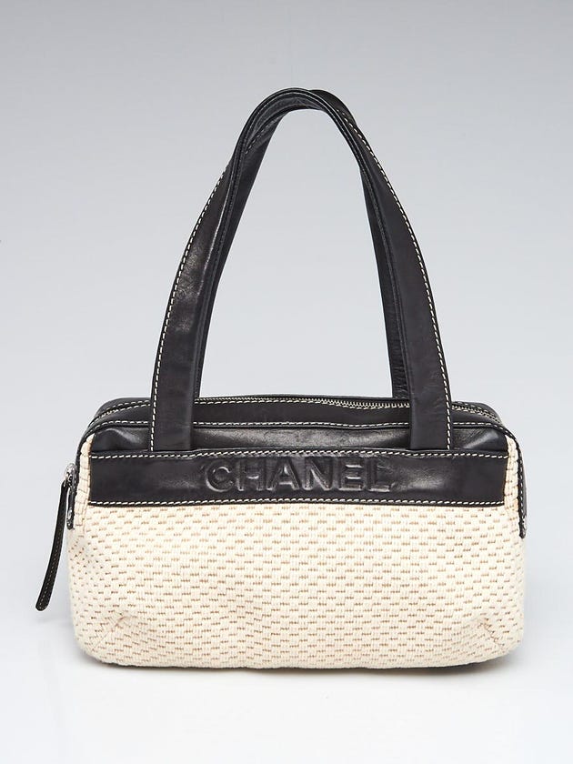 Chanel Beige Knit Fabric and Black Leather East/West Satchel Bag
