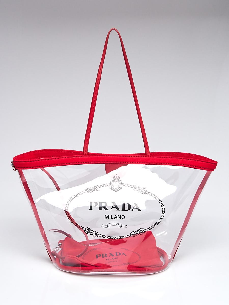 Prada Transparent Vinyl and Red Canvas Logo Beach Large Tote Bag 1BG166 -  Yoogi's Closet