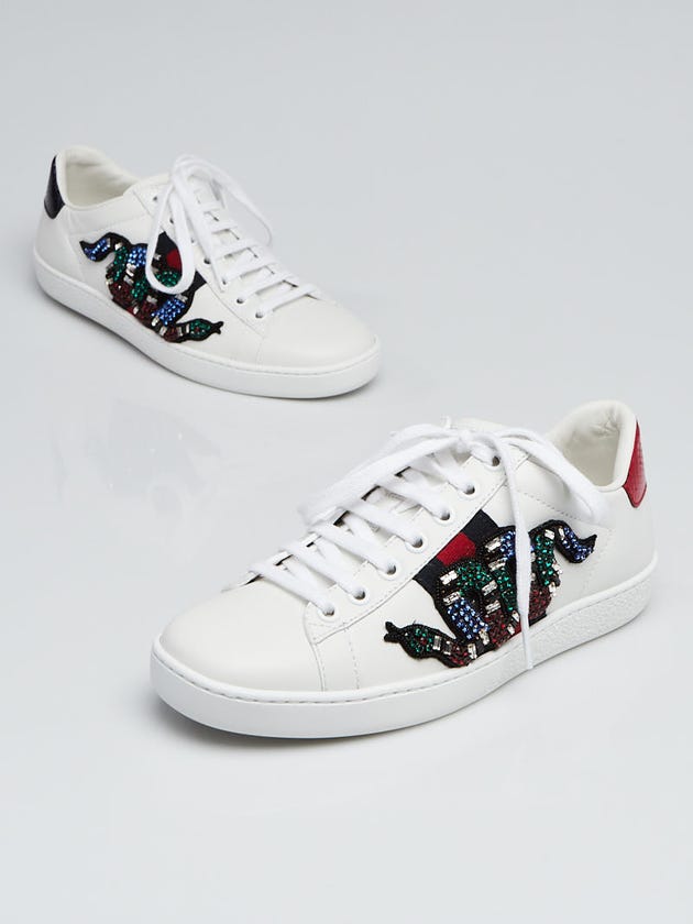 Gucci White Leather and Crystal Embellished Snake Ace Sneakers Size 4.5/35