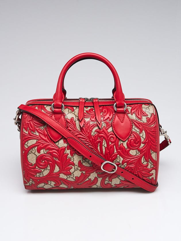 Gucci Beige/Red GG Coated Canvas Supreme and Leather Arabesque Top Handle Small Boston Bag