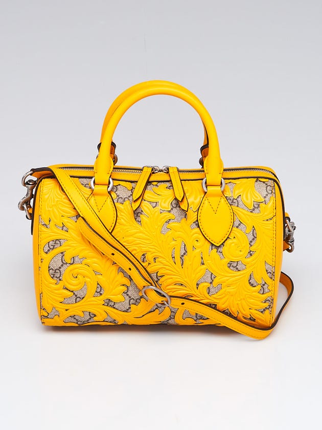 Gucci Beige/Yellow GG Coated Canvas Supreme and Leather Arabesque Top Handle Small Boston Bag
