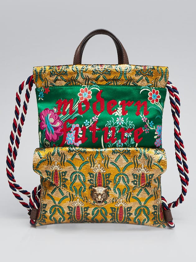 Gucci Gold/Green Brocade Fabric Modern Future Small Drawstring Backpack Bag
