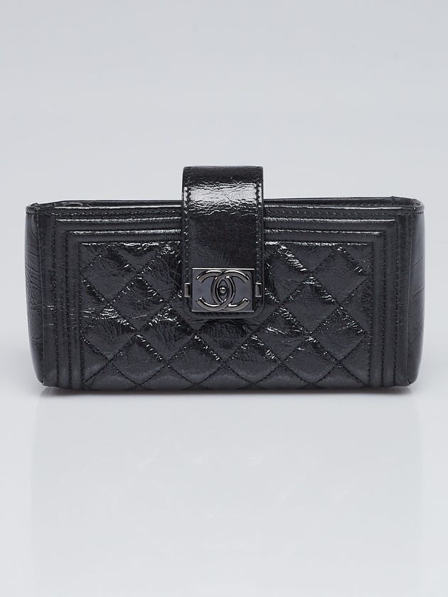 Chanel Black Quilted Crinkled Patent Leather Boy Mini Phone Pouch
