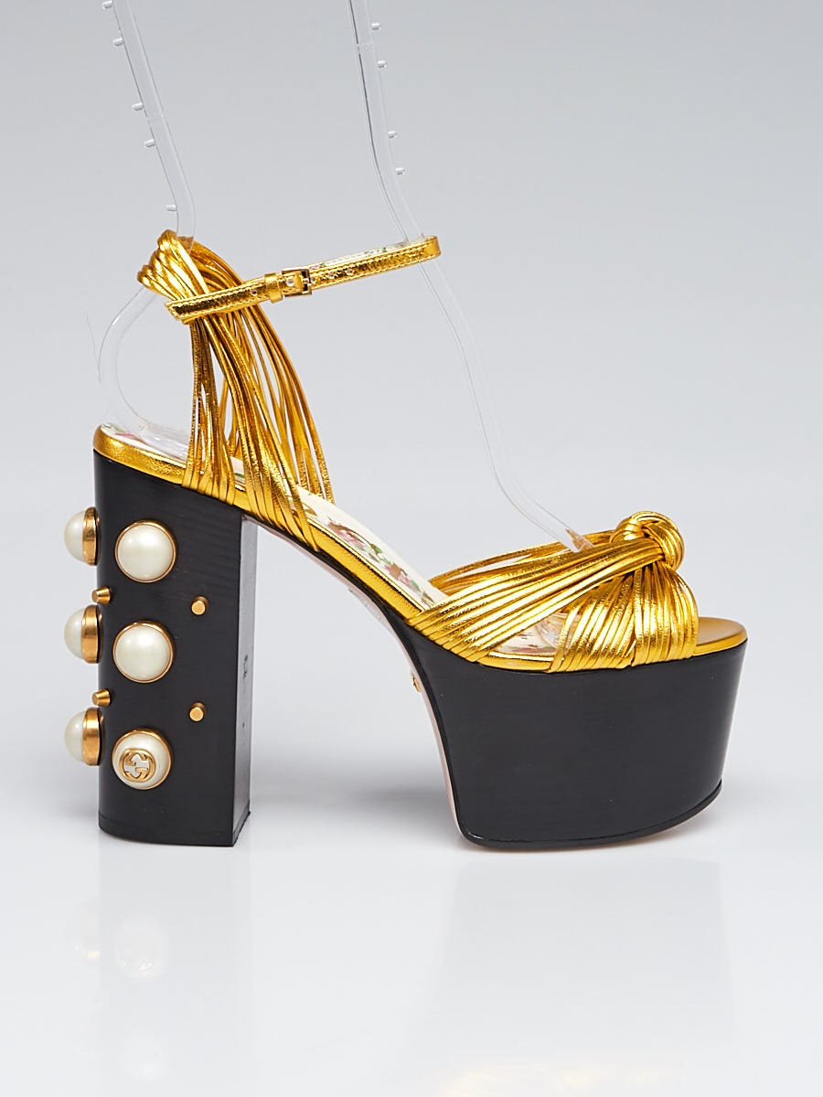 Gucci Gold Leather Knot Pearl Platform Sandals Size /36 - Yoogi's Closet