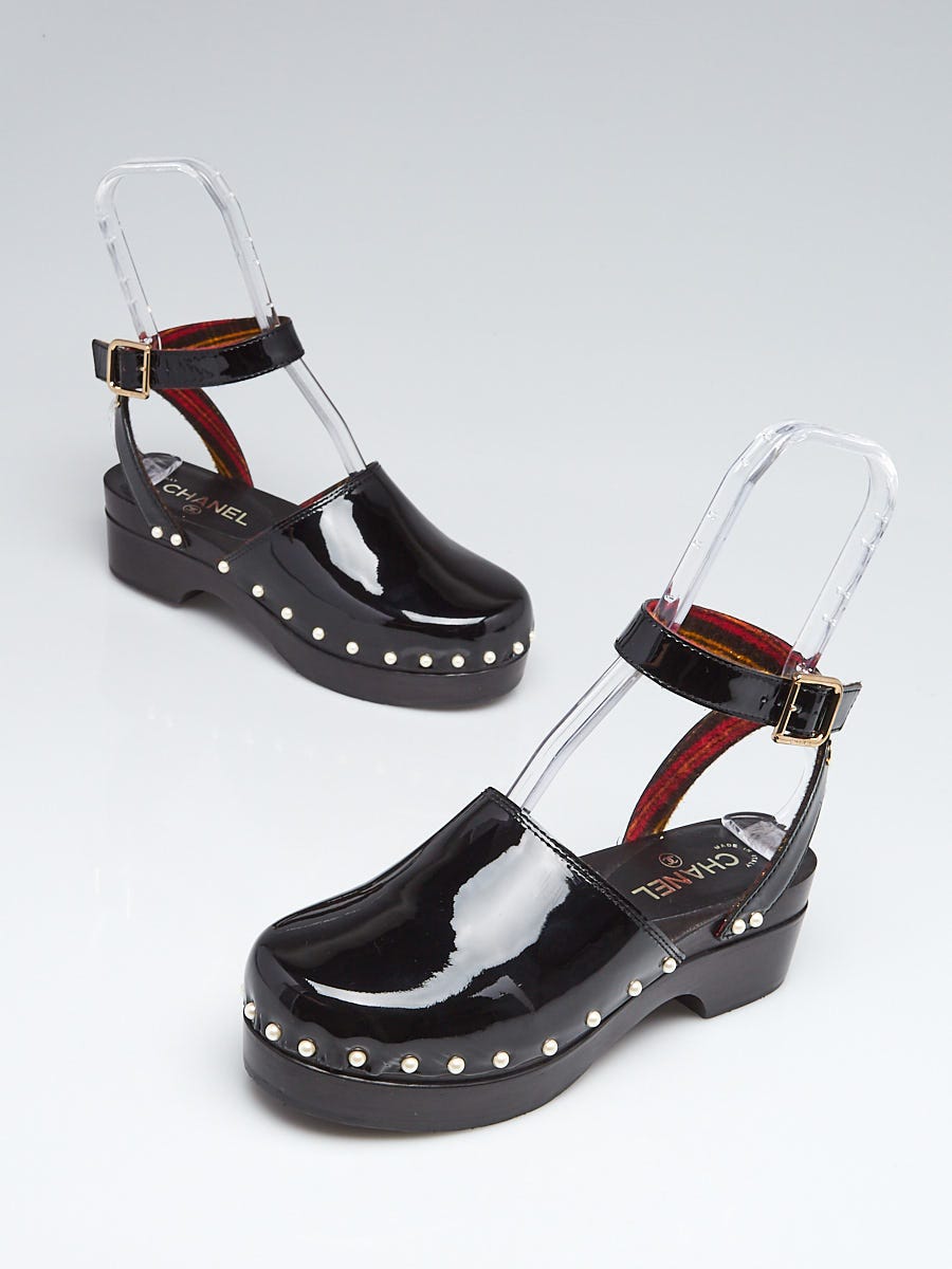 Chanel Black Patent Leather Faux Pearl Ankle Wrap Clogs Size 8.5/39 -  Yoogi's Closet