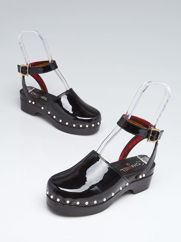 Chanel Black Patent Leather Faux Pearl Ankle Wrap Clogs Size 8.5/39