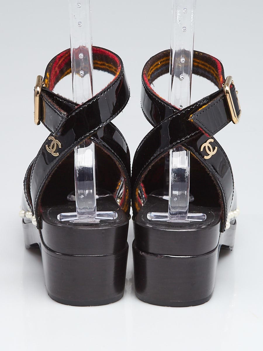 Chanel Black Patent Leather Faux Pearl Ankle Wrap Clogs Size 8.5